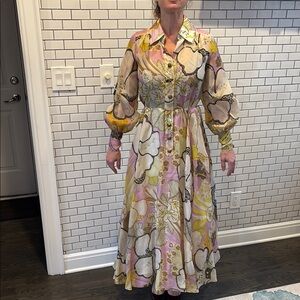 Floral Pink and Yellow Women's Dress size medium vintage and handmade sequins